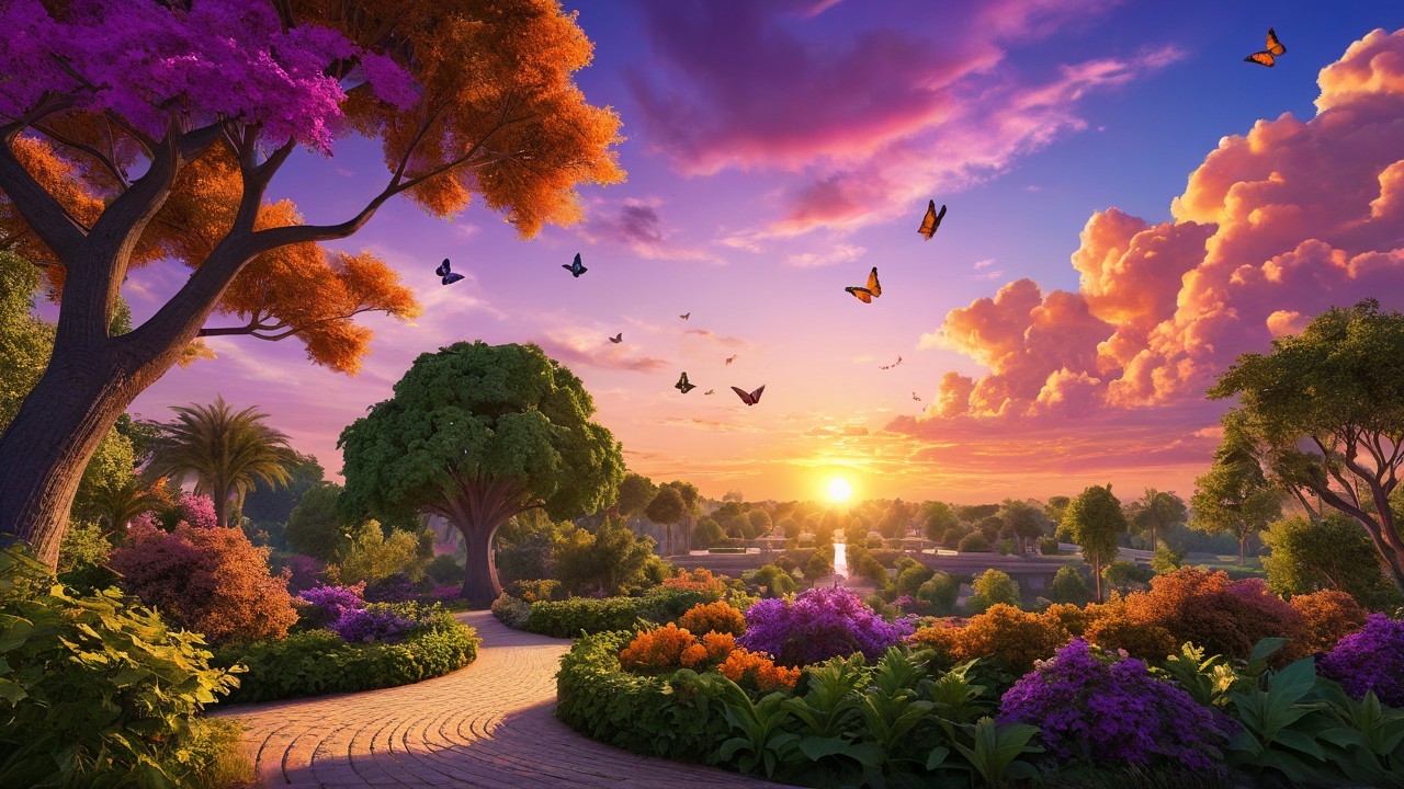 Serene Garden Scene at Sunset with Vibrant Flowers