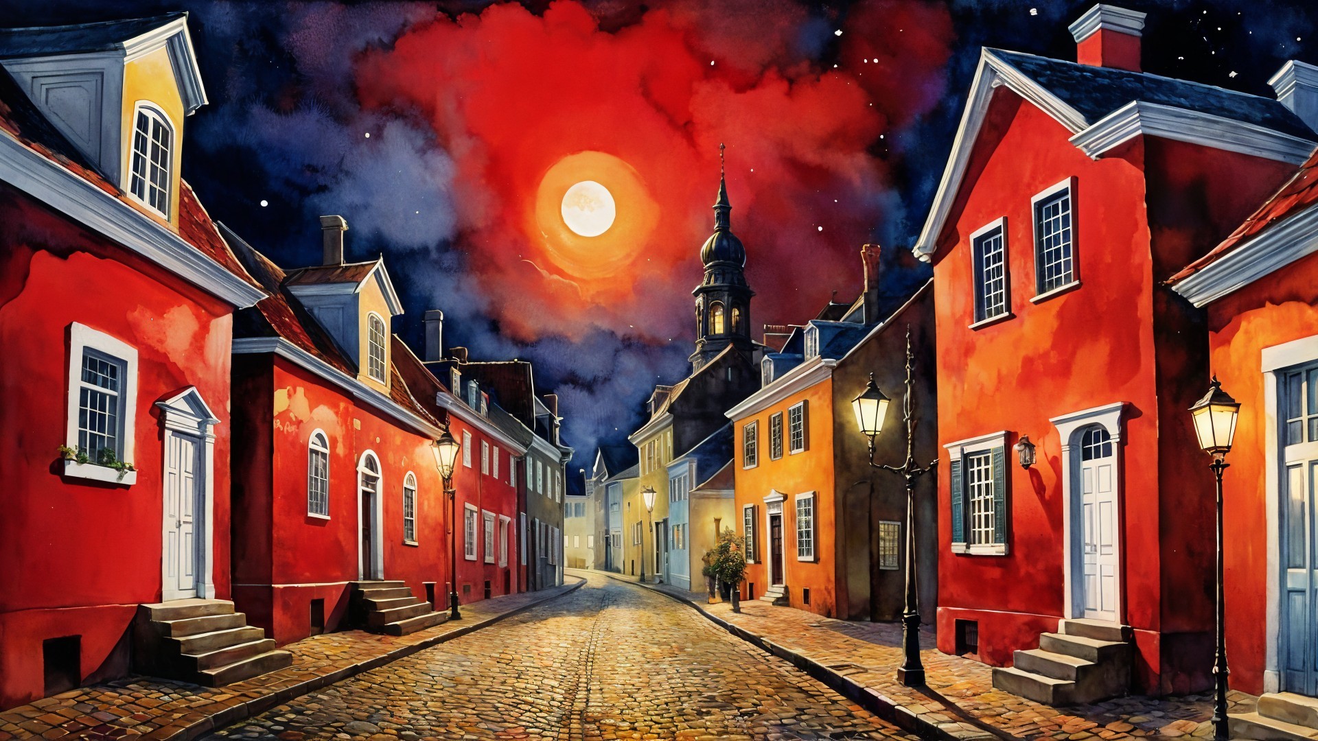 Cobblestone Street with Vibrant Houses and Moonlight