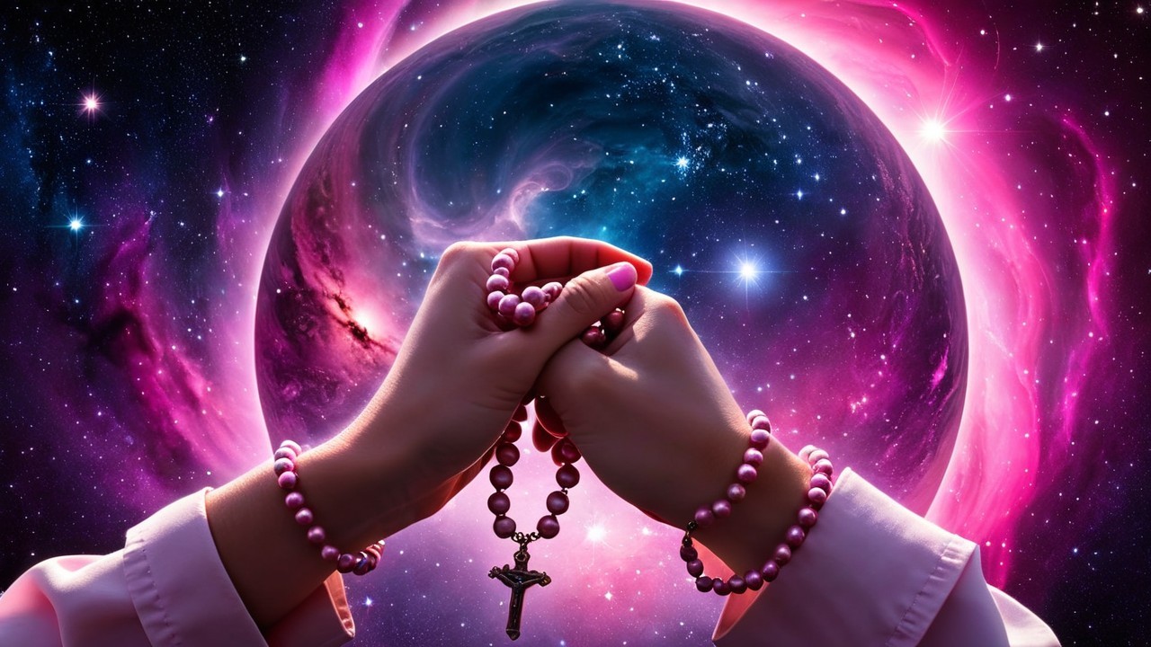 Hands Holding a Rosary Against a Cosmic Background