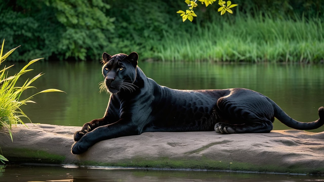Black Panther Relaxing by a Tranquil River Scene