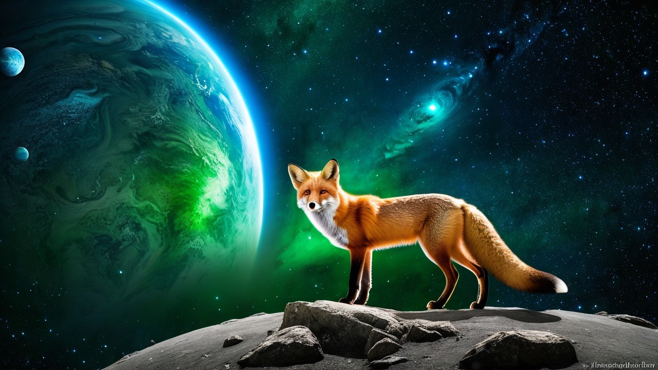 Fox on Rocky Surface Against Cosmic Background