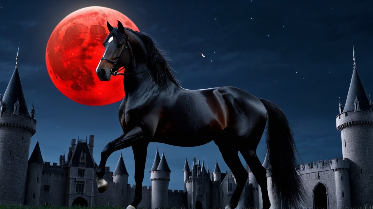 Black Horse in Front of Medieval Castle Under Moonlight
