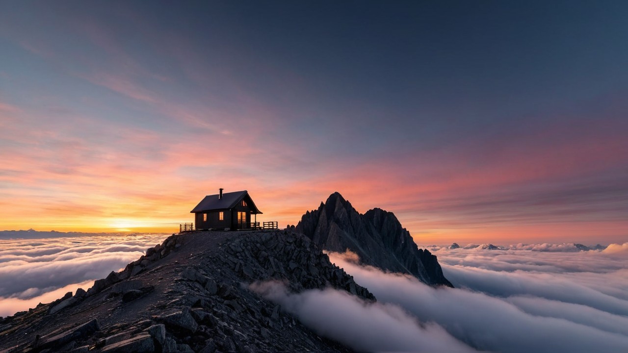 Solitary Cabin on Mountain Ridge at Sunrise