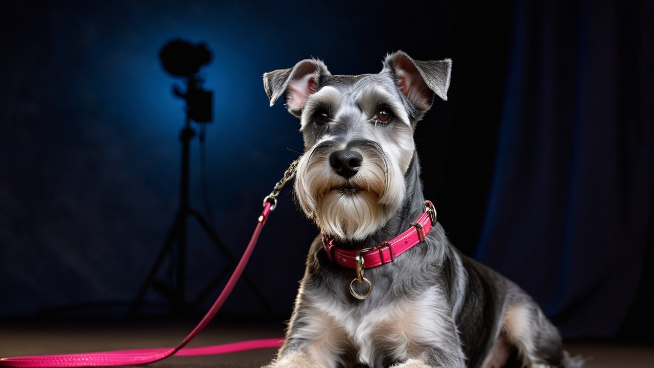 Schnauzer in Studio with Pink Collar and Blue Light