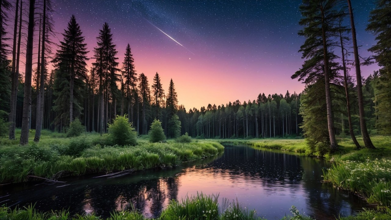 Twilight Forest Landscape with Stars and River Reflection