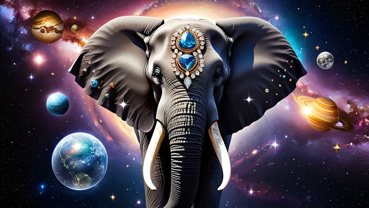 Majestic elephant with jewels in a cosmic setting