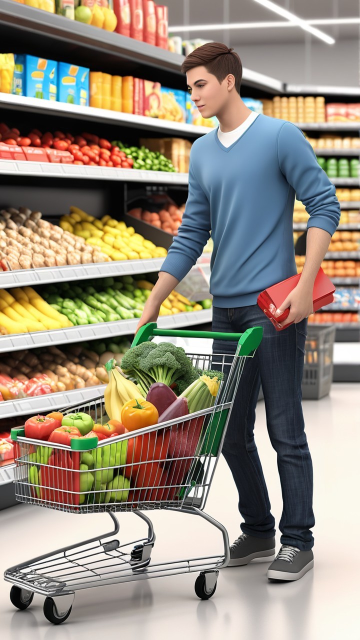 Young man shopping for colorful fruits and vegetables