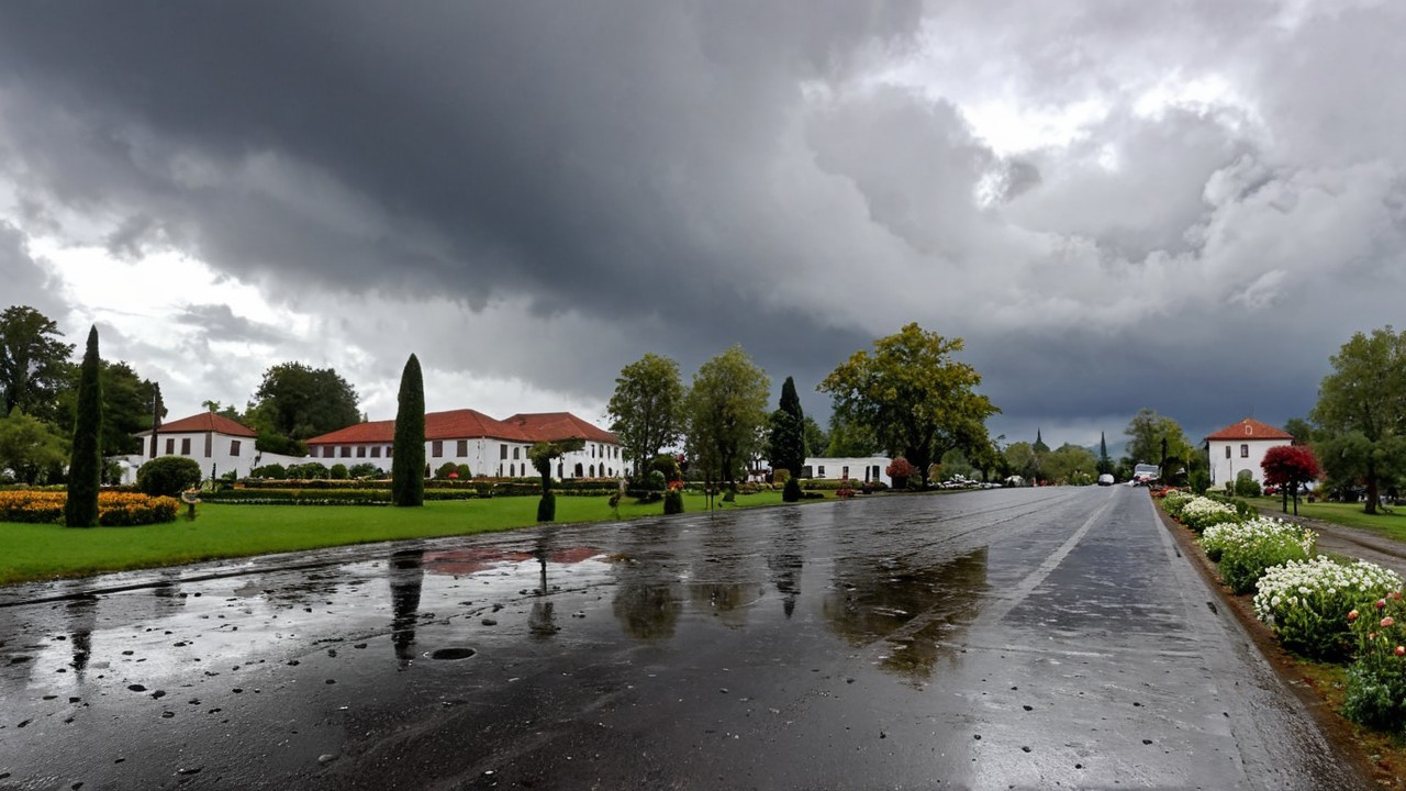 Serene street with gardens and looming storm clouds