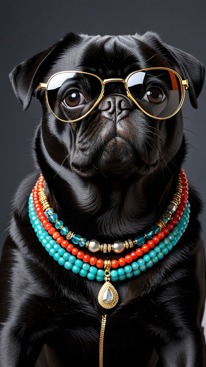 Stylish Black Pug in Oversized Sunglasses and Necklaces