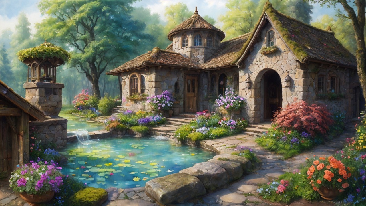 Charming Stone Cottage with Vibrant Flower Gardens