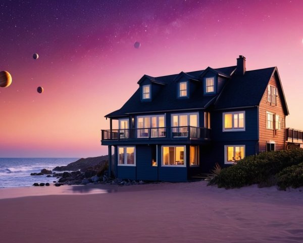Serene beach house with starry sky and gentle waves