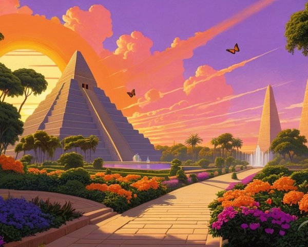 Vibrant Landscape with Pyramids and Sunset Colors
