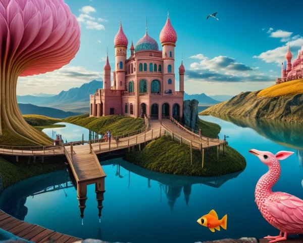 Whimsical Landscape with Pink Castles and Trees