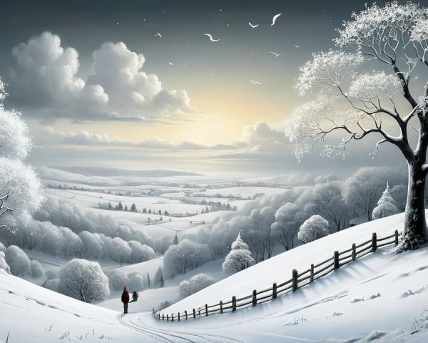 Serene Winter Landscape with Snow-Covered Hills and Trees