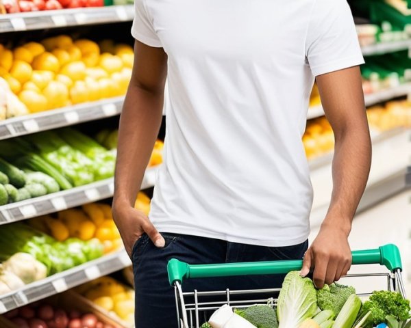 Young man with shopping cart of fresh produce in store