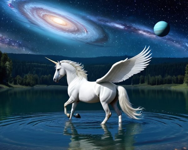 White unicorn with wings in a serene lake scene