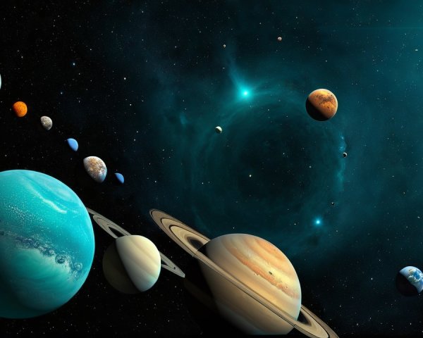 Cosmic Scene with Planets and Swirling Galaxies
