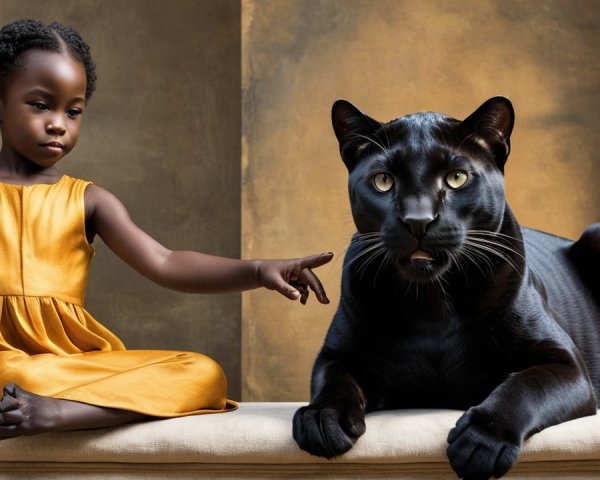 Young girl in yellow dress with calm black panther