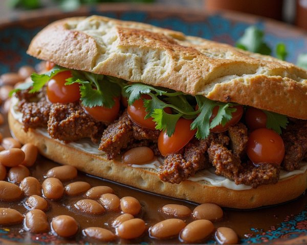 Hearty Sandwich with Seasoned Meat and Fresh Vegetables