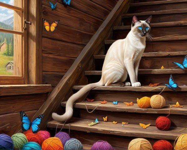 Cozy Wooden Room with Cat and Scenic Landscape