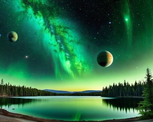 Serene Lake with Green Auroras and Starry Sky