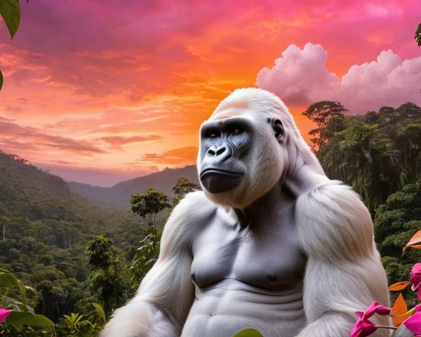 Gorilla in Tropical Foliage at Sunset with Mountains