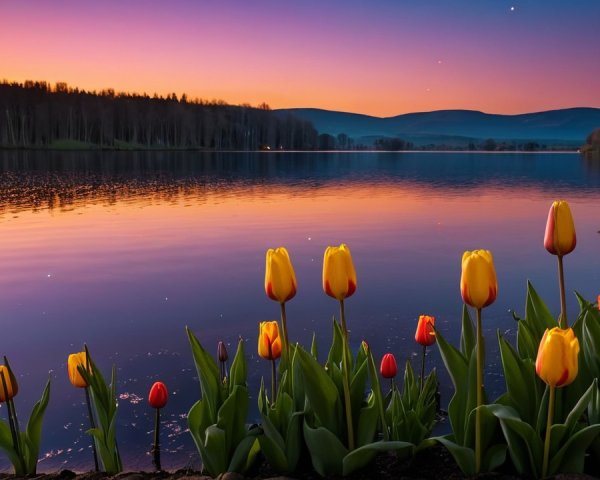 Lakeside Scene with Tulips at Dusk and Mountains