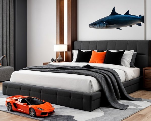 Modern Bedroom with Upholstered Bed and Shark Mural
