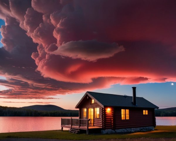 Cozy log cabin by tranquil lake at sunset