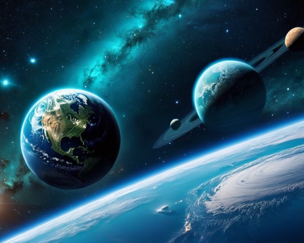 Cosmic Scene with Earth and Planets in Galaxy