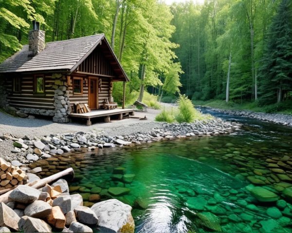 Cozy log cabin by a clear river in lush greenery