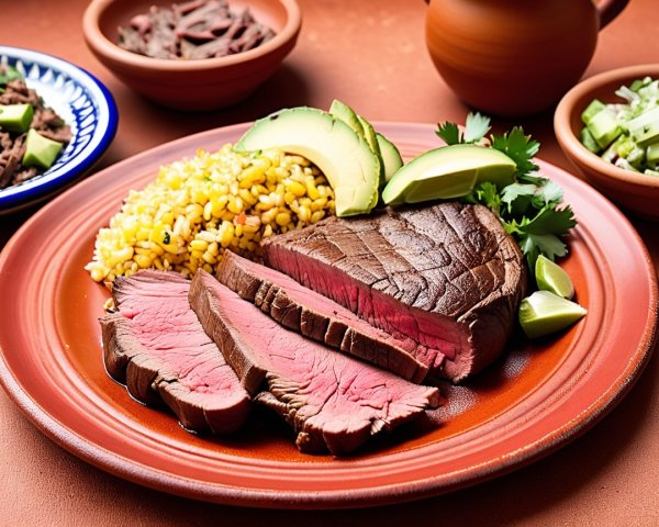 Vibrant Plate of Beef, Yellow Rice, and Fresh Toppings