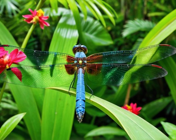 Vibrant Blue Dragonfly on Green Leaf with Flowers