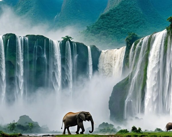 Majestic Waterfalls and Elephants in Lush Landscape