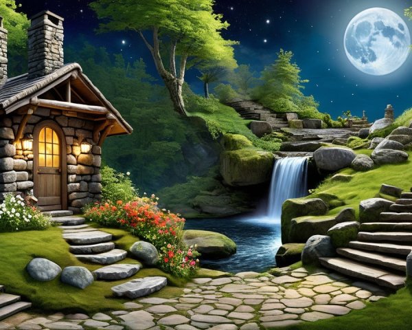 Serene Night Scene with Stone Cottage and Waterfall