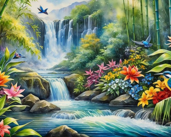 Cascading Waterfall in a Tropical Flower Landscape