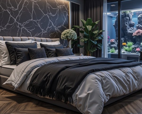 Modern Bedroom with Plush Bed and Aquarium Decor