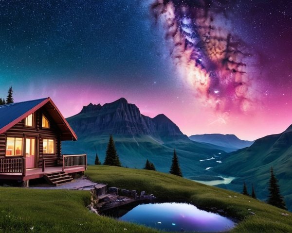 Cozy Cabin in a Lush Valley Under a Starry Sky