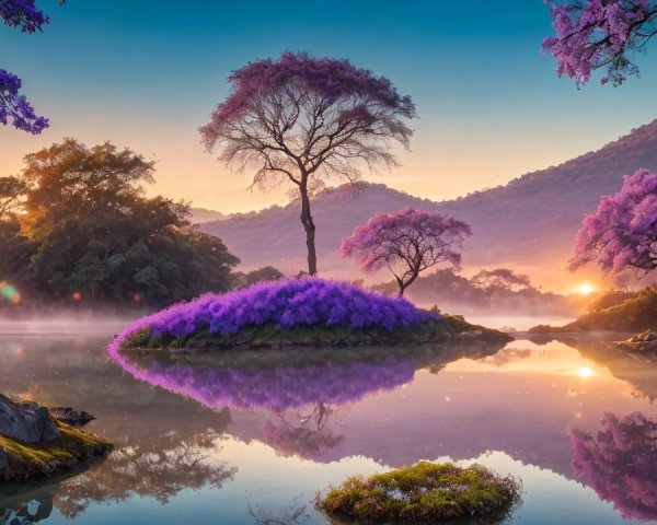 Serene Dawn Landscape with Reflective Lake and Mist