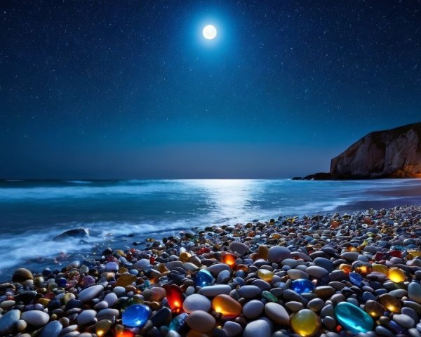 Nighttime Beach Scene with Moon and Stars