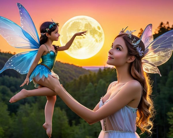 Magical forest scene with glowing woman and fairy