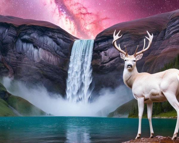 Majestic white stag by serene lake and waterfall