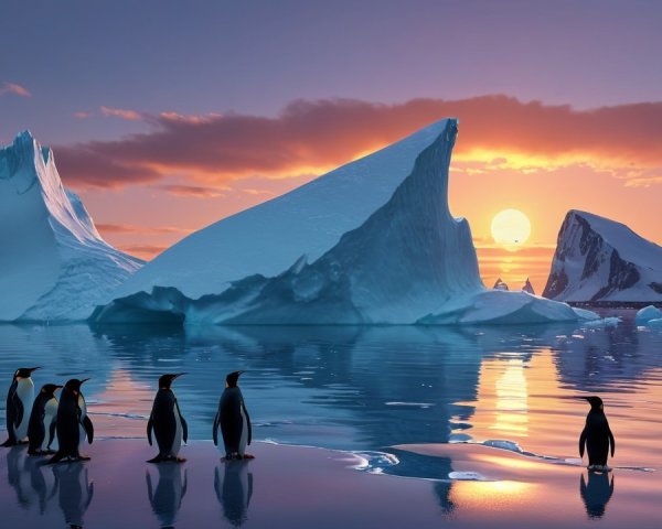 Serene Arctic Scene with Penguins and Icebergs