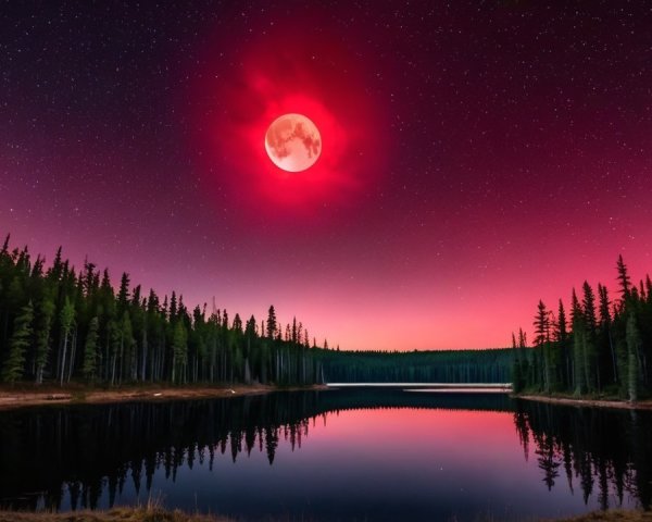 Tranquil Lake Under Red Moon and Starry Sky