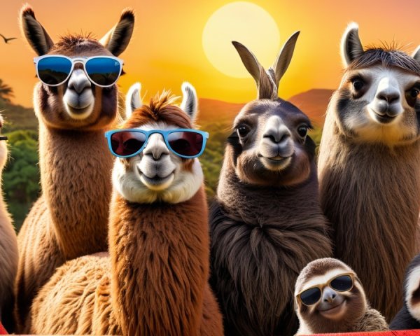 Vibrant Sunset with Llamas and Sloths in Sunglasses