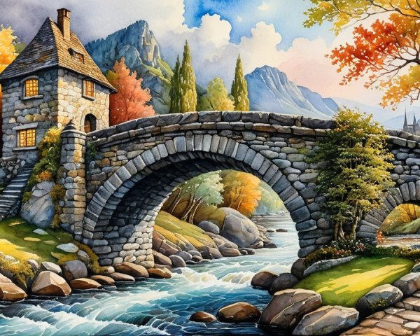 Charming Stone Bridge Over Flowing River in Autumn