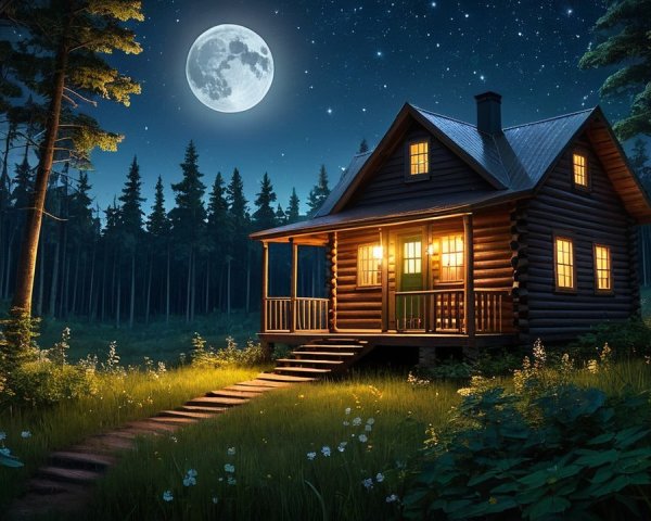 Cozy log cabin in a serene forest at night
