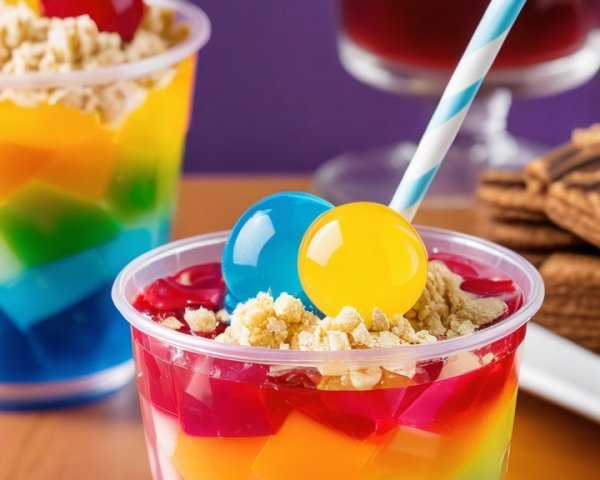 Vibrant Layered Jelly Cups with Whipped Cream and Candies