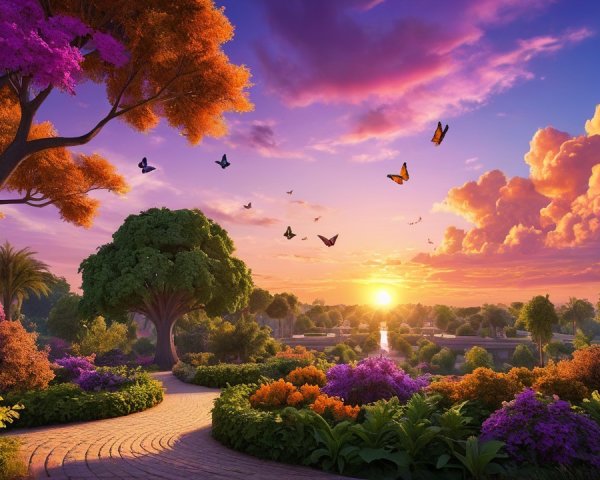 Serene Garden Scene at Sunset with Vibrant Flowers