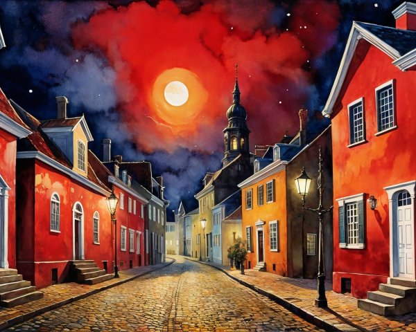 Cobblestone Street with Vibrant Houses and Moonlight